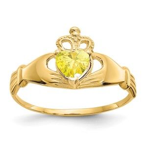 14k Gold Genuine CZ November Birthstone Claddagh Heart Ring, Size 7